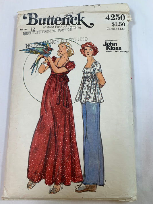 Butterick Sewing Pattern 4250 Misses' Cover-up, Top, Pants, Loose-Fitting, Floor Length, Tie Belt, Straight Legged, Elastic Waist, Size 12, Cut, Vintage 1997