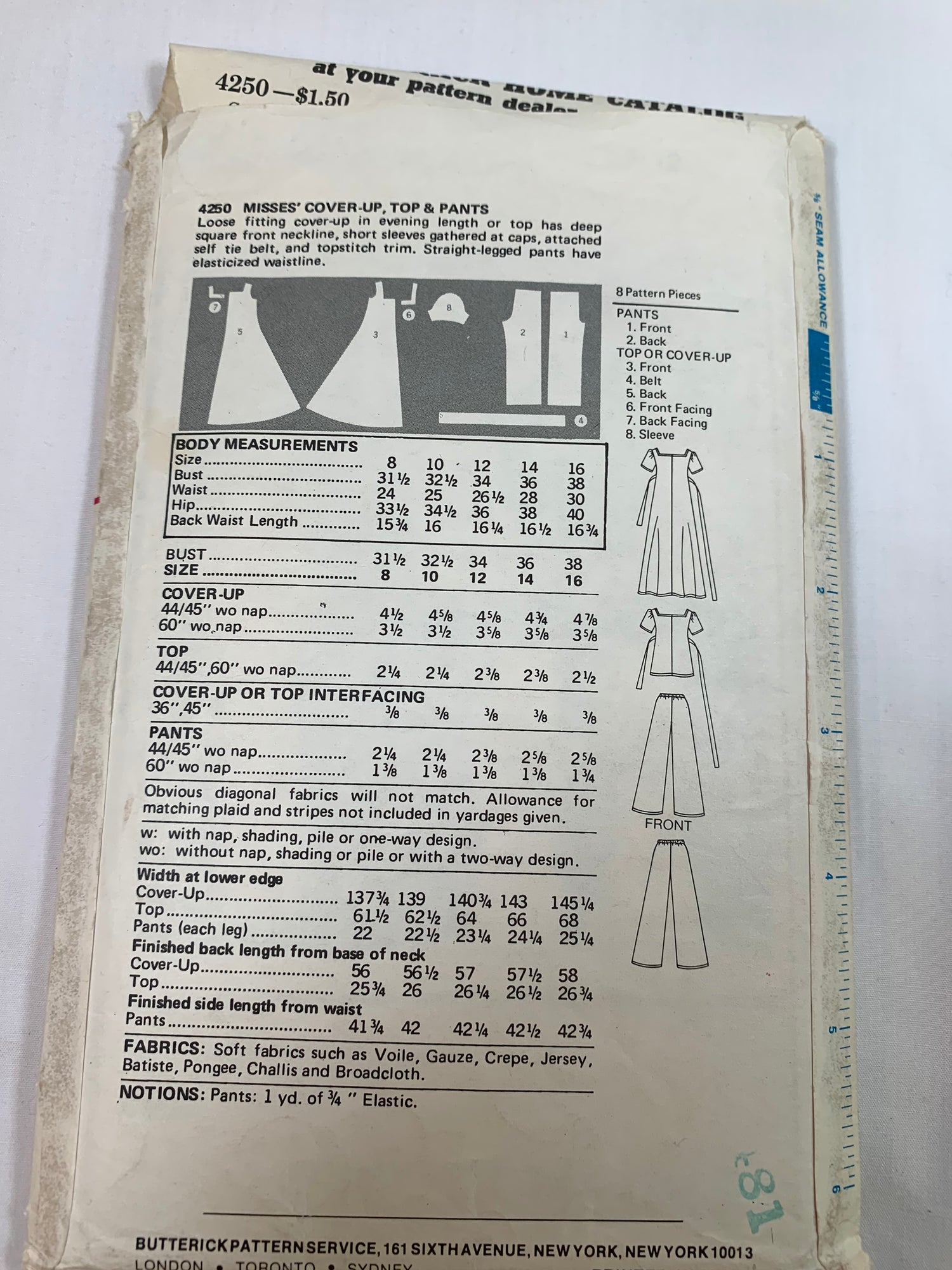 Butterick Sewing Pattern 4250 Misses' Cover-up, Top, Pants, Loose-Fitting, Floor Length, Tie Belt, Straight Legged, Elastic Waist, Size 12, Cut, Vintage 1997