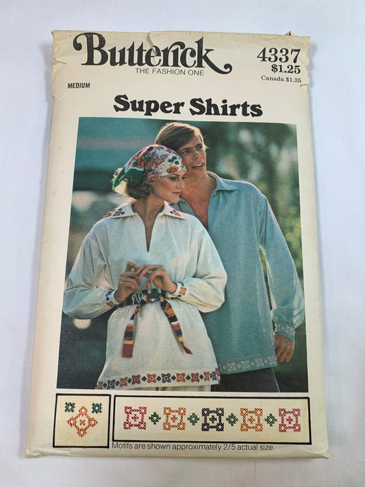 Butterick Sewing Pattern 4337 Men's Shirt, Loose-Fitting, Collar, Long Sleeves, Side Slits, Transfers, Size 38-40, Cut, Vintage 1979
