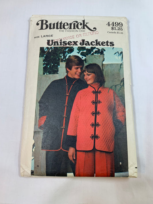 Butterick Sewing Pattern 4499 Misses'/Men's Unisex Jacket, Long Kimono Sleeves, Loose-Fitting, Pockets, Side Slts, Size 16-18, Cut, Vintage 1991