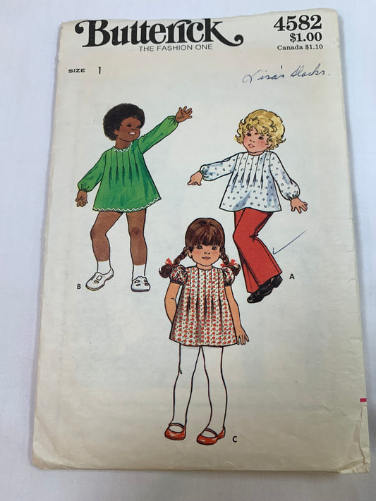 Butterick Sewing Pattern 4582 Toddlers'/Girls' Dress, Top, Pants, Loose-Fitting, Round Neckline, Long/Short Sleeves, Flared Pants, Elastic Waist, Size 1, Cut, Vintage 1975