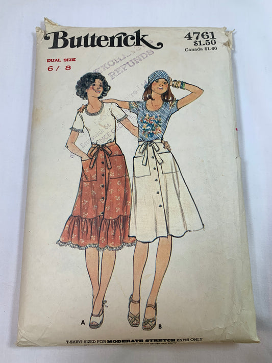 Butterick Sewing Pattern 4761 Misses' T-Shirt, Skirt, Close-Fitting, Short Sleeves, Pockets, Button Front, Two Lengths, Size 6-8, Cut, Vintage 1975