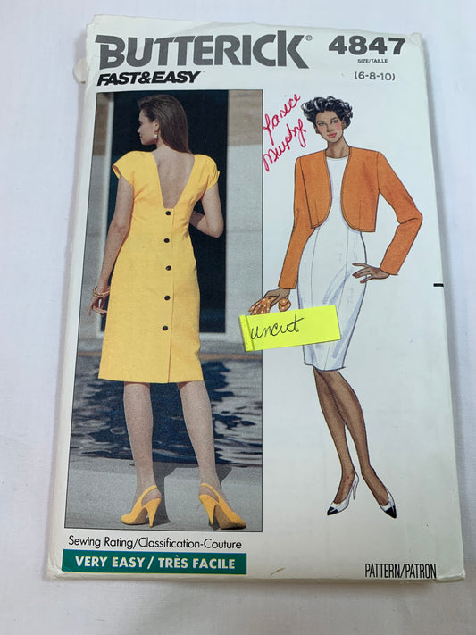Butterick Sewing Pattern 4847 Misses' Jacket, Dress, Loose-Fitting, Unlined, Shoulder Pads, Long/Short Sleeves, Button Back, Size 6-10, Uncut, Vintage 1990