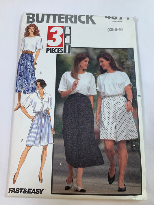 Butterick Sewing Pattern 4871 Misses' Shorts, Culottes, Three Lengths, Elastic Waist, Pull-One, Size 6-14, Uncut, Vintage 1990