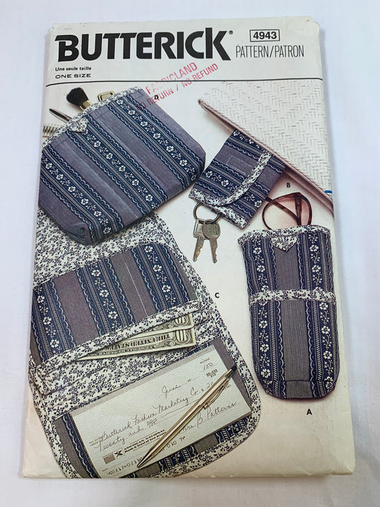 Butterick Sewing Pattern 4943 Crafts, Accessory Bags, Eye Glass, Keys, Check Book, Cosmetic, Pockets, Uncut, Vintage 1980