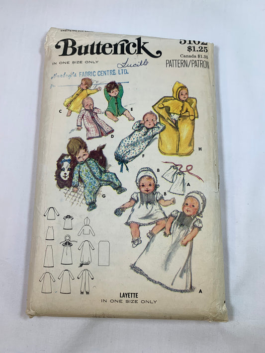 Butterick Sewing Pattern 5102 Infants' Layette, Dress, Petticoat, Bonnet, Kimono, Sack, Jumpsuit, Jacket, Bunting, Size 6-20 Pounds, Cut, Vintage 1970