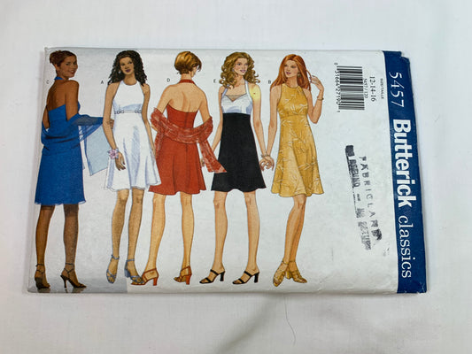 Butterick Sewing Pattern 5457 Misses' Halter Dress, Scarf, Fitted, Zipper, Shoulder Straps, Lined, Above Knee, A-Line, Size 12-16, Cut, Vintage 1998