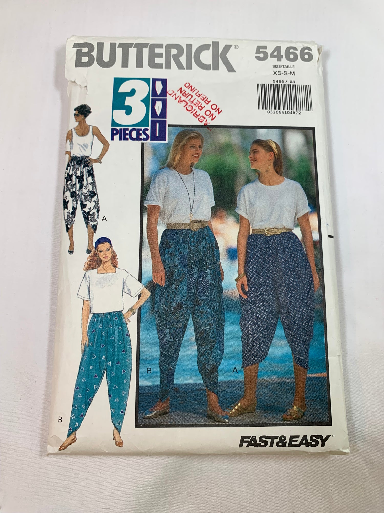 Butterick Sewing Pattern 5466 Misses' Harem Pants, Loose-Fitting, Tapered, Elastic Waist, Two Lengths, Pull-On, Size 6-14, Cut, Vintage 1991