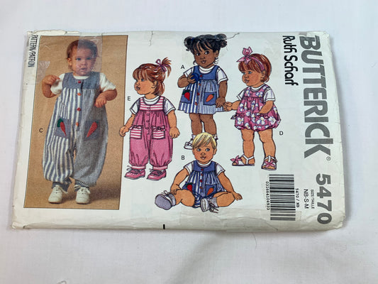 Butterick Sewing Pattern 5470 Infants' Jumper, Romper, Jumpsuit, Top, Two Lengths, Pockets, Sleeveless, Flared Skirt, Size 12-21 Pounds, Cut, Vintage 1991