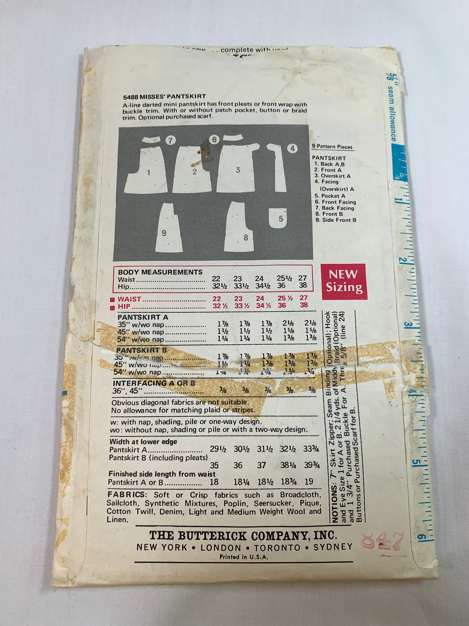 Butterick Sewing Pattern 5488 Misses' Pantskirt, A-Line, Pleats, Front Wrap, Pocket, Zipper Back, Size 25 1/2" Waist, Cut, Vintage 1975 Media 1 of 2