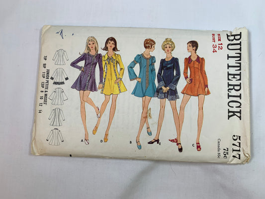 Butterick Sewing Pattern 5717 Misses'/Petite/Junior One-Piece Dress, Full Skirt, Sleeveless, Long Sleeves, Zipper, Pockets, Size 12, Cut, Vintage 1970
