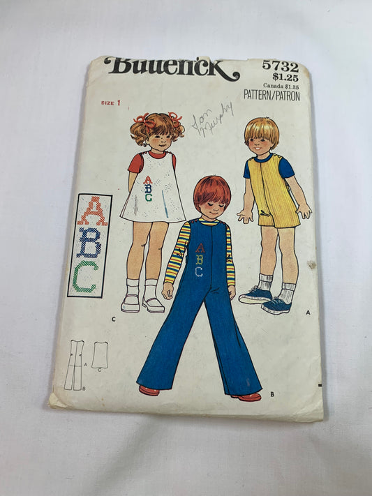 Butterick Sewing Pattern 5732 Toddlers' Jumper, Jumpsuit, Sleeveless, Loose-Fitting, Two Lengths, Size 1, Uncut, 1975