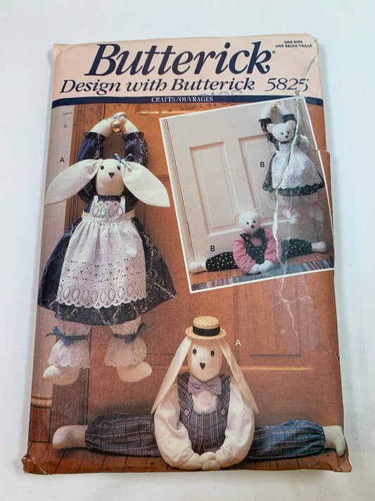 Butterick Sewing Pattern 5825 Crafts Stuffed Animals, Bunny, Bear, Draft Stoppers, 30 Inch Tall, Cut, Vintage 1987