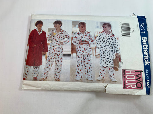 Butterick Sewing Pattern 5853 Girls'/Boys' Pajamas, Top, Pants, Pull-On, Button Front, Long Sleeves, Robe, Housecoat, Size 7-10, Cut, Vintage 1998