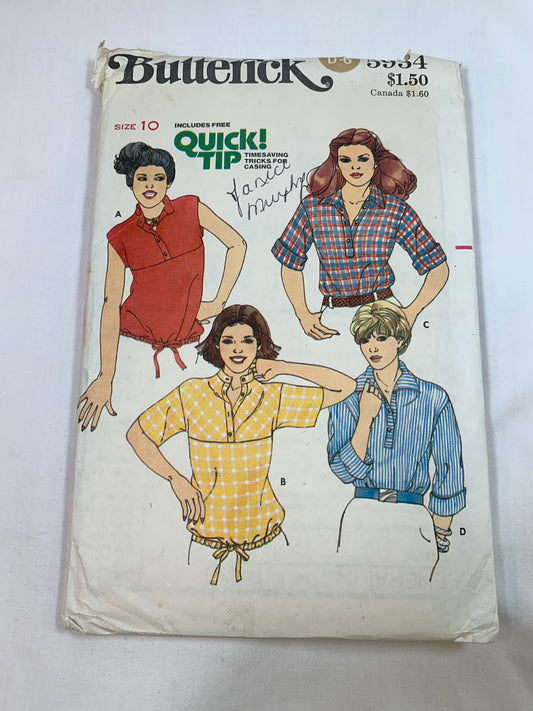 Butterick Sewing Pattern 5934 Misses' Shirt, Blouse, Loose-Fitting, Long/Short Sleeves, Collar, Button Front, Pockets, 4 Variations, Size 10, Cut, Vintage 1980