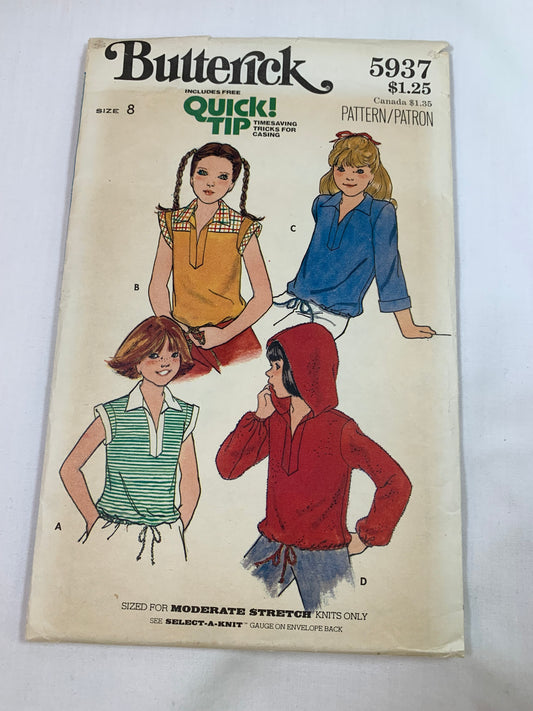 Butterick Sewing Pattern 5937 Girls' Top, Semi-Fitted, Collar, Hood, Long/Short Sleeves, Pullover, Size 8, Cut, Vintage 1970