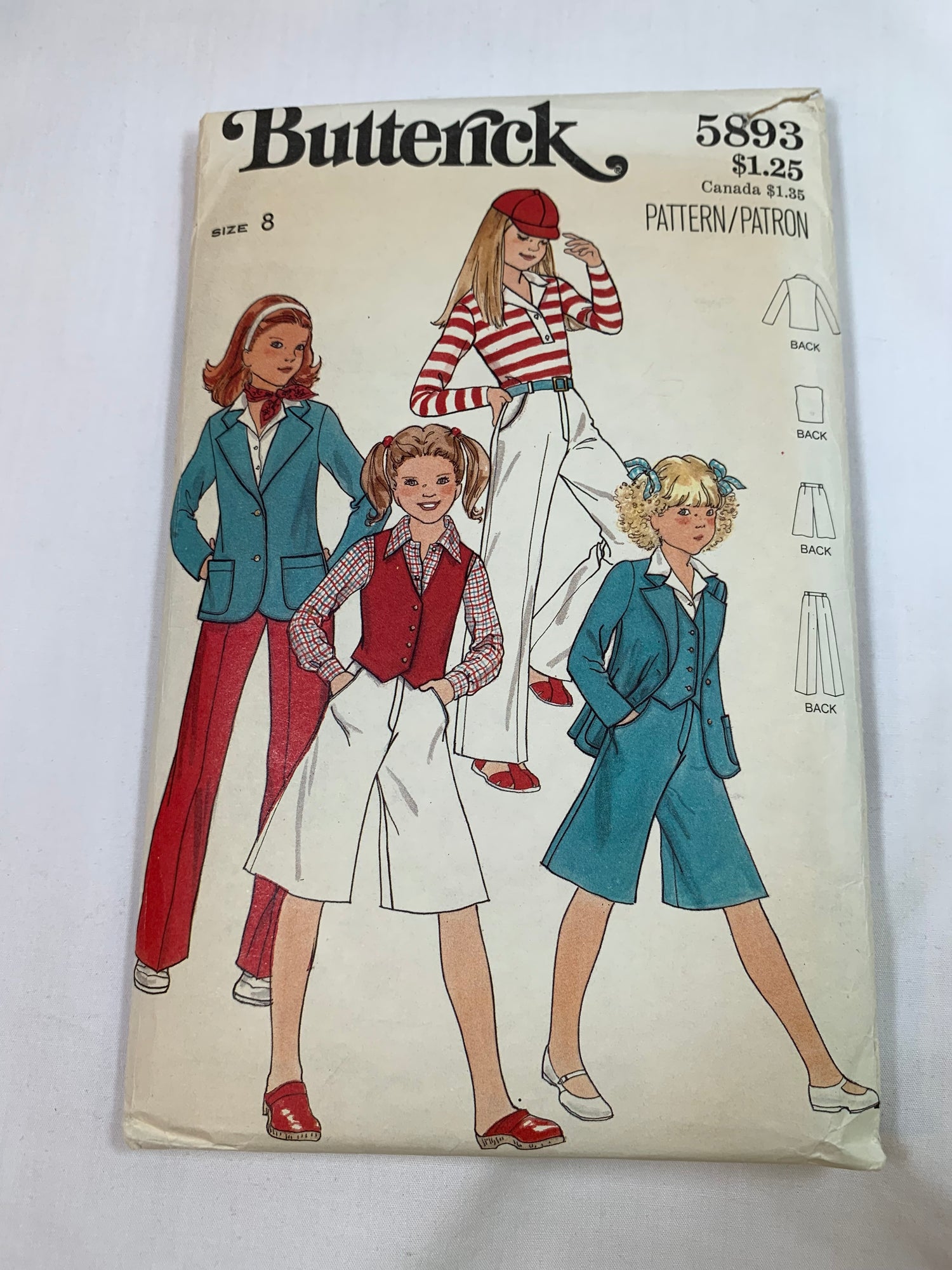 Butterick Sewing Pattern 5893 Girls' Jacket, Vest, Culottes, Pants, Pockets, Semi-Fitted, Long Sleeves, Sleeveless, Button Front, Size 8, Cut, Vintage 1980