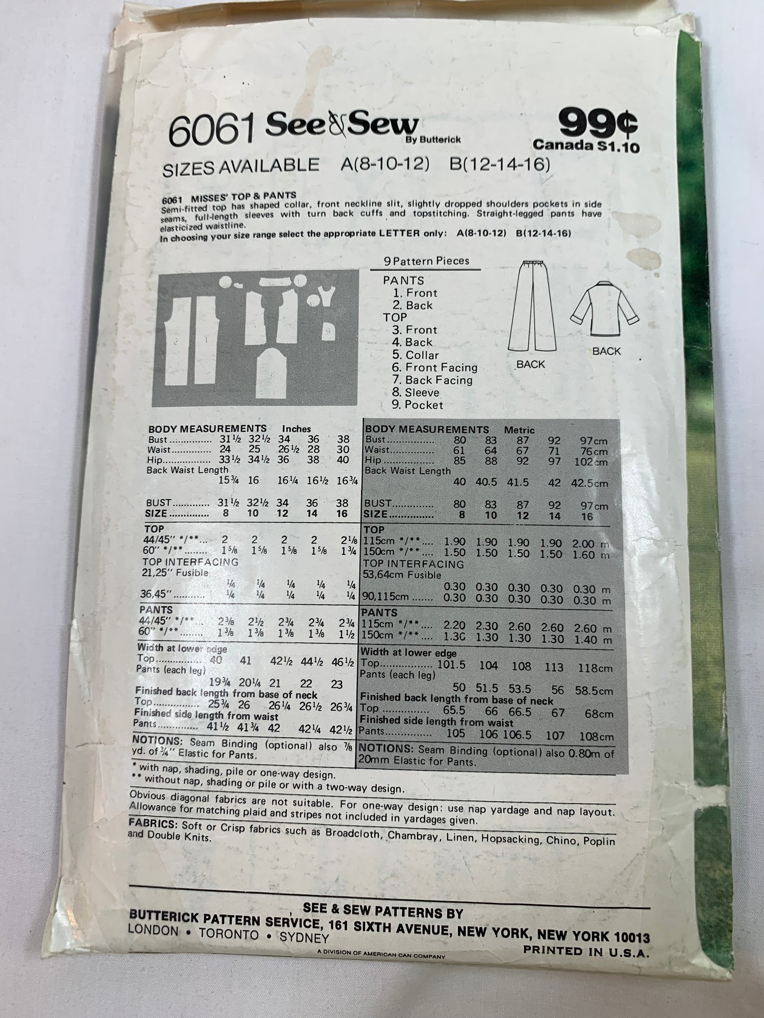 Butterick Sewing Pattern See & Sew 6061 Misses' Tops, Pants, Semi-Fitted, Collar, Pockets, Long Sleeves, Elastic Waist, Size 8-12, Uncut, Vintage 1995