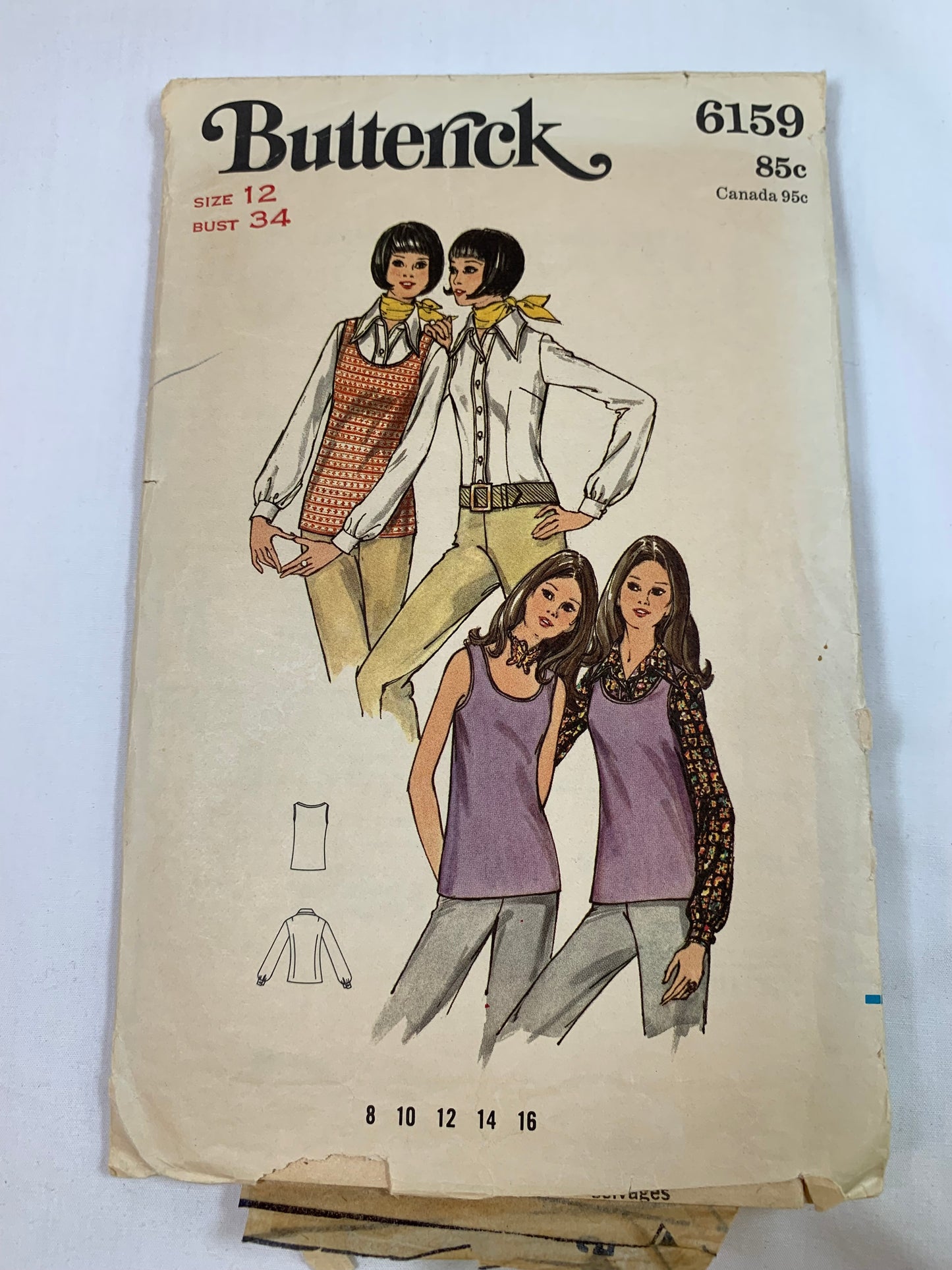 Butterick Sewing Pattern 6159 Misses' Top, Shirt, Blouse, Sleeveless, Long Sleeves, Collar, Size 12, Cut, Vintage 1993