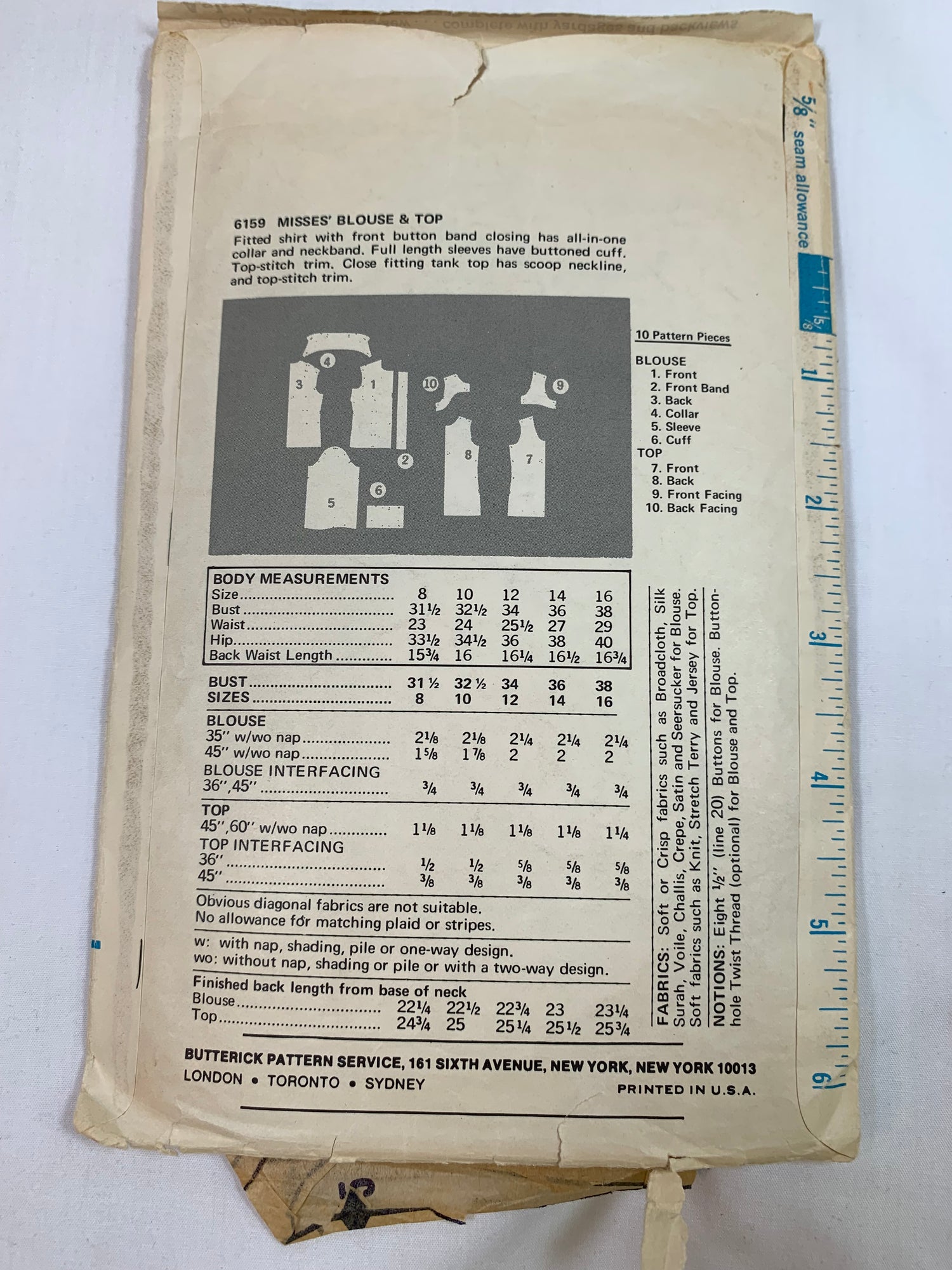 Butterick Sewing Pattern 6159 Misses' Top, Shirt, Blouse, Sleeveless, Long Sleeves, Collar, Size 12, Cut, Vintage 1993