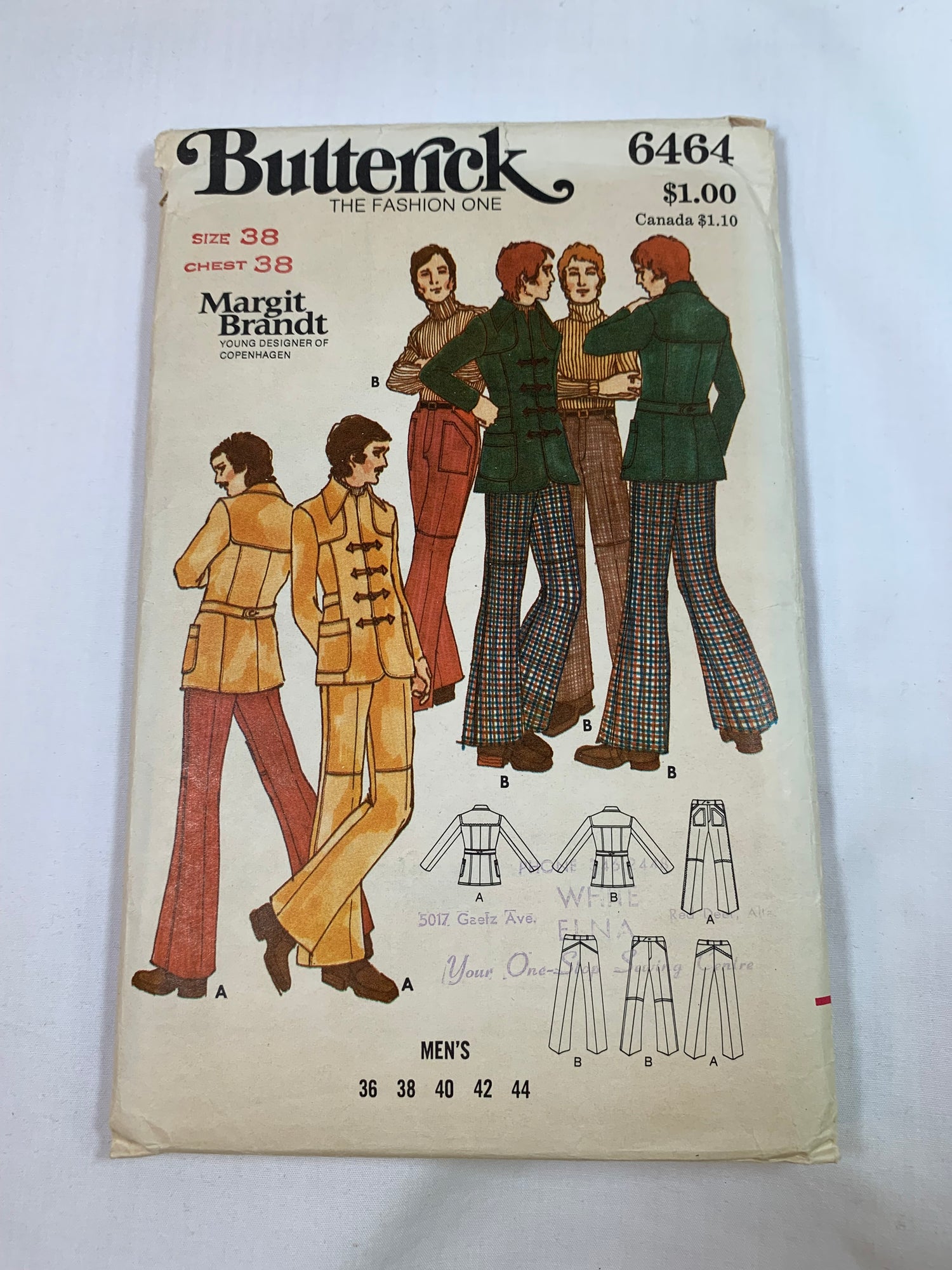 Butterick Sewing Pattern 6464 Men's Jacket, Pants, Long Sleeves, Fitted, Collar, Flared Leg, Pockets, Belt Carriers, Size 38, Cut, Vintage 1985