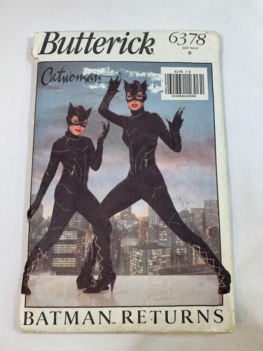 Butterick Sewing Pattern 6378 Girls' Costumes, Halloween, Catwoman, Close-Fitting, Jumpsuit, Zipper Back, Stirrups, Long Sleeves, Hood, Size 7-14, Cut, Vintage 1992