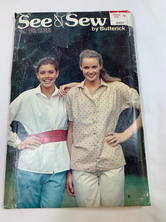Butterick Sewing Pattern 6497 Misses' Shirt, Blouse, Loose-Fitting, Long/Short Kmono Sleeves, Collar, Button Front, Size 14, Cut, Vintage 1980