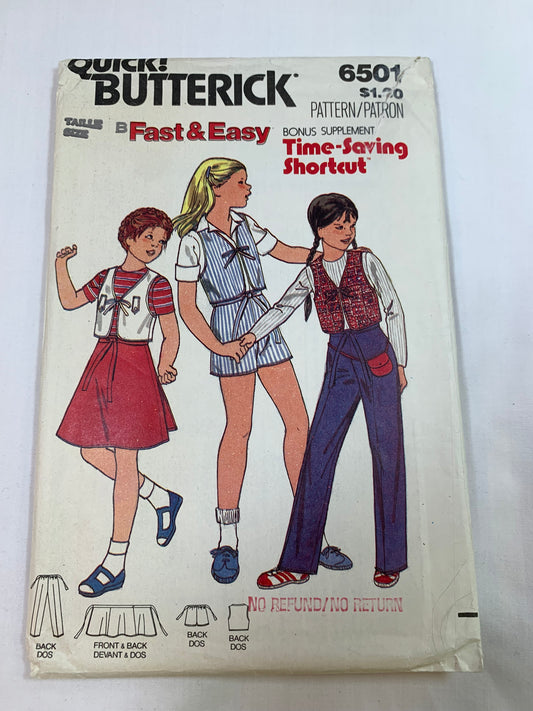 Butterick Sewing Pattern 6501 Girls' Vest, Skirt, Pants, Shorts, Fitted, Back Wrap, Elastic Waist, Tie Front, Size 8, Cut, Vintage 1980