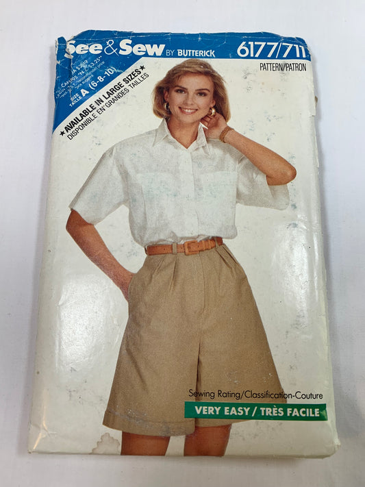 Butterick Sewing Pattern See & Sew 6177 Misses' Shirt, Shorts, Loose-Fitting, Shoulder Pads, Zipper Fly, Short Sleeves, Pockets, Size 6-10, Cut, Vintage 1988