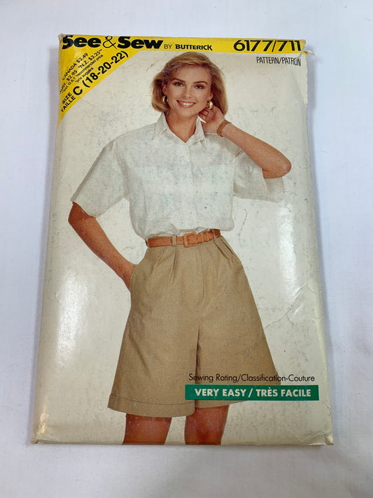 Butterick Sewing Pattern See & Sew 6177 Misses' Shirt, Shorts, Loose-Fitting, Shoulder Pads, Zipper Fly, Short Sleeves, Pockets, Size 18, Cut, Vintage 1988