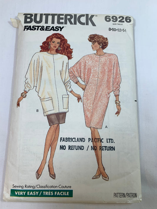 Butterick Sewing Pattern 6926 Misses' Dress, Tunic, Skirt, Loose-Fitting, Pullover, Shoulder Pads, Pockets, Tapered, Elastic Waist, Size 8-10, Cut, Vintage 1988