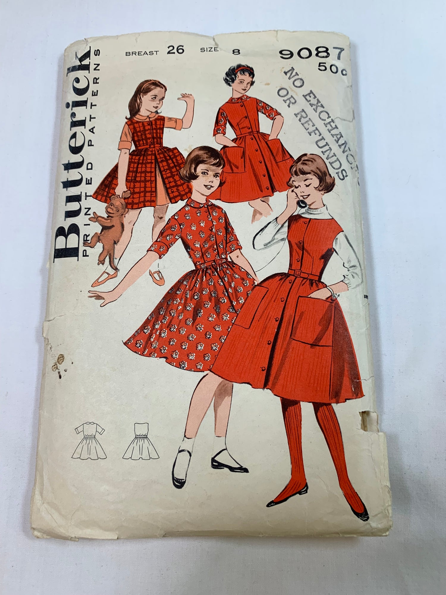 Butterick Sewing Pattern 9087 Girls' Costume, Dress,Jumper, Sleeveless, Pockets, Button Front, Flared Skirt, Size 8, Cut, Vintage 1950