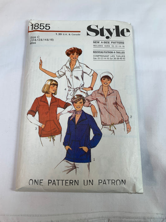 Style Sewing Pattern 1855 Misses' Tops, Blouses, Button Front, 4 Variations, Long/Short Sleeves, Collar, Pockets, Size 10-16, Cut, Vintage 1977