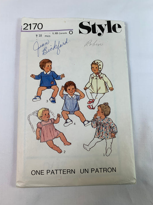 Style Sewing Pattern 2170 Infant/Babies Dress, Top, Panties, Coat, Long/Short Sleeves, High Waist, Collar, Size 6-18 Mths, Cut, Vintage 1977