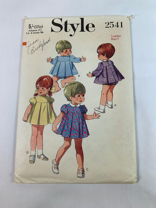 Style Sewing Pattern 2541 Toddlers' Dress, Pants, Button Back, Panties, Pleats, Long/Short Sleeves, Elastic Waist, Size 1, Cut, Vintage 1969