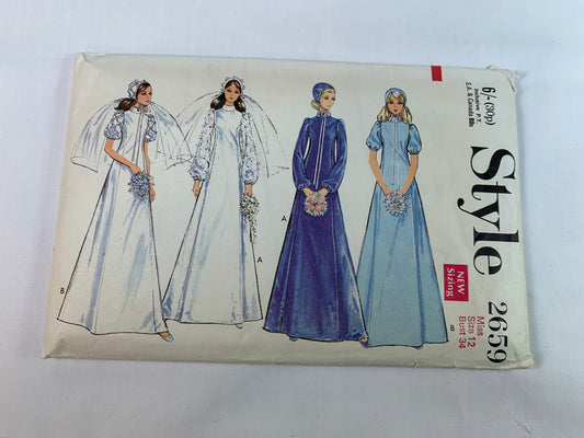 Style Sewing Pattern 2659 Misses' Wedding Dress, Bridesmaids, Bonnet, Long/Short Sleeves, Zipper Back, Size 12, Uncut, Vintage 1969