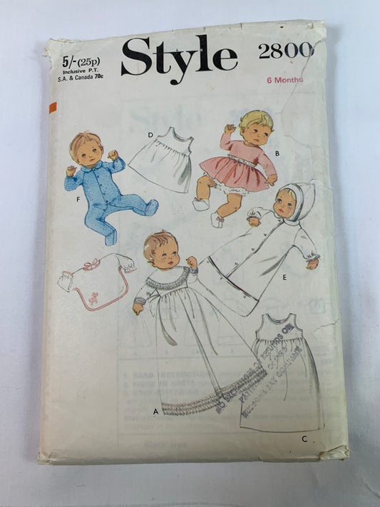 Style Sewing Pattern 2800 Babies Layette, Sleeping Bag, Christening Robe, Dress, Petticoat, Sleep Suit, Size 7-18 Pounds, Cut, Vintage 1970