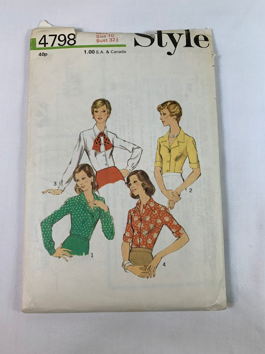 Style Sewing Pattern 4798 Misses' Tops, Blouses, Button Front, 4 Variations, Long/Short Sleeves, Collar, Darts, Size 10, Cut, Vintage 1974