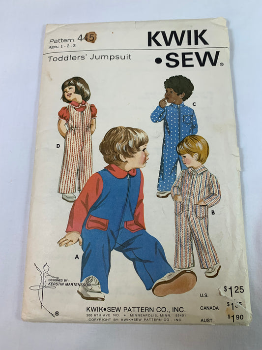 KWIK Sewing Pattern 445 Toddlers' Jumpsuit, Knit And Stretch Fabric, Pockets, Zipper, Snap Crotch, Size 1-3, Uncut, Vintage 1980