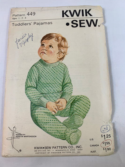 KWIK Sewing Pattern 449 Toddlers' Pajamas, Top, Pants, Long Sleeves, Stretch Knits, Size 1-3, Uncut, Vintage 1980