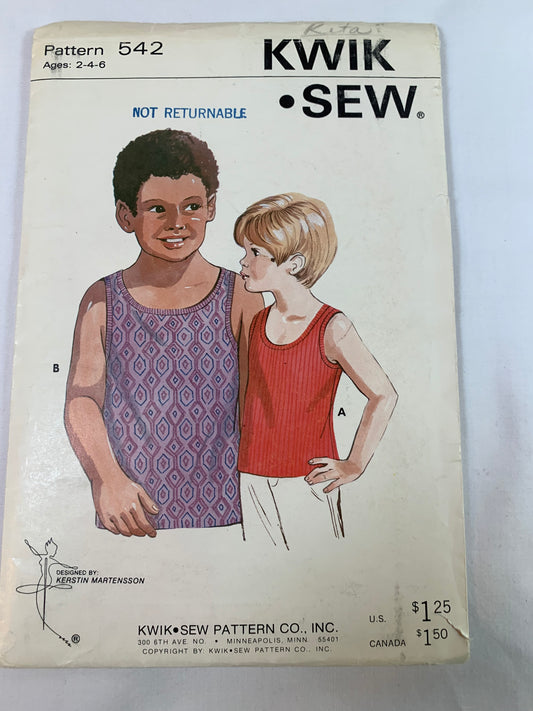KWIK Sewing Pattern 542 Boy's Tank Top, Sleeveless, Pullover, Stretch Knit, Cut, Size 4-6, Vintage 1980
