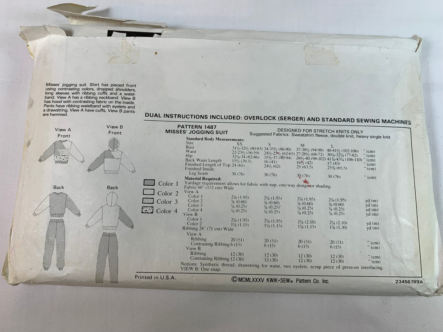 KWIK Sewing Pattern 1487 Misses' Jogging Suit, Top, Bottom, Dropped Shoulders, Drawstring, Elastic Waist, Size 31-41, Uncut, Vintage 1987