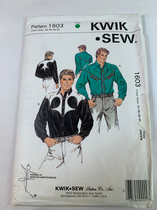 Kwik Sewing Pattern 1603 Men's Shirts, Long Sleeves, Front Button, Cuffs, Western Style, Collar, Pockets, Front Tabs, Size 34-40, Uncut, Vintage 1998