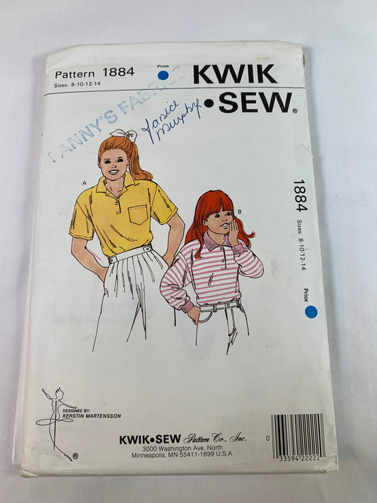 KWIK Sewing Pattern 1884 Girls' Shirts, Long/Short Sleeves, Collar, Cuffs, Pockets, Pullover, Button Front, Uncut, Size 8-14, Vintage 1989