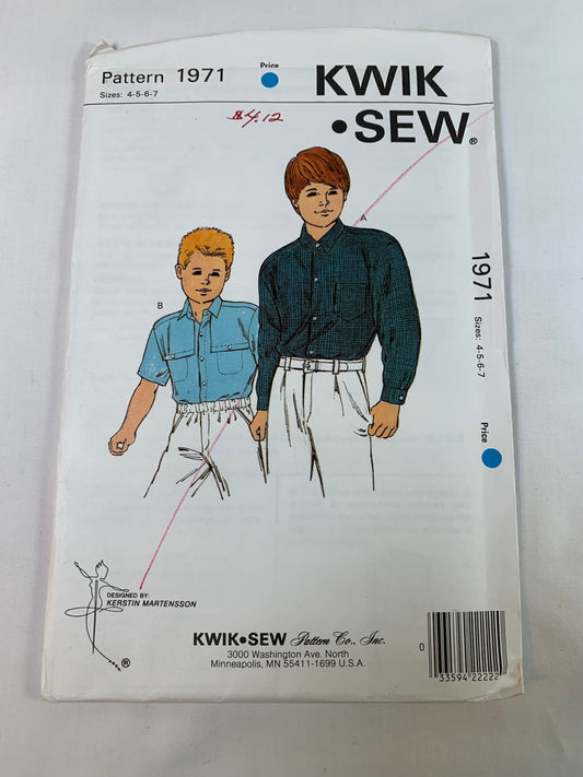 KWIK 1971 Boys' Shirts, Long/Short Sleeves, Button Front, Collar, Pockets, Size 4-7, Uncut, Vintage 1989