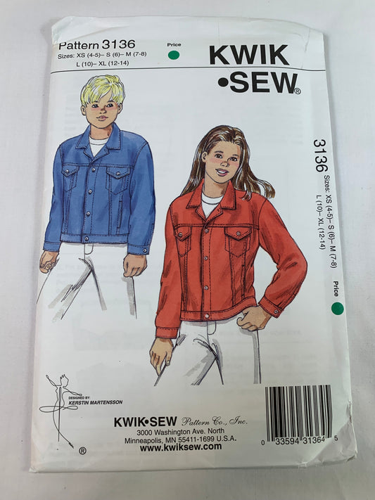 KWIK Sewing Pattern 3136 Boys'/Girls' Jacket, Coat, Long Sleeves, Button Front, Pockets, Collar, Uncut, Size 4-14, 2002