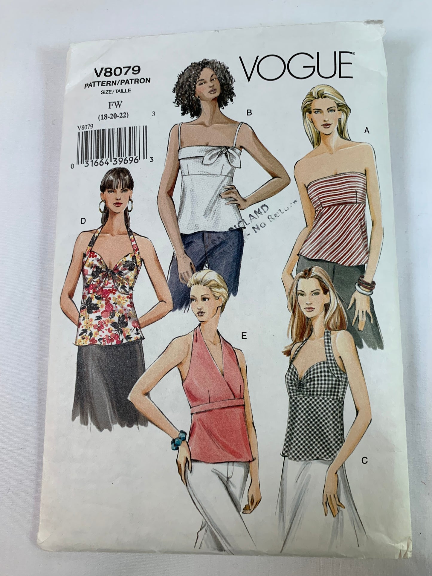 Vogue Sewing Pattern V8079 Misses' Top, Shoulder Straps, A-Line, Close-Fitting, Button Back, Strapless, Sleeveless, Size 18-22, Cut, 2005