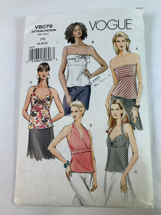 Vogue Sewing Pattern V8079 Misses' Top, Shoulder Straps, A-Line, Close-Fitting, Button Back, Strapless, Sleeveless, Size 18-22, Cut, 2005