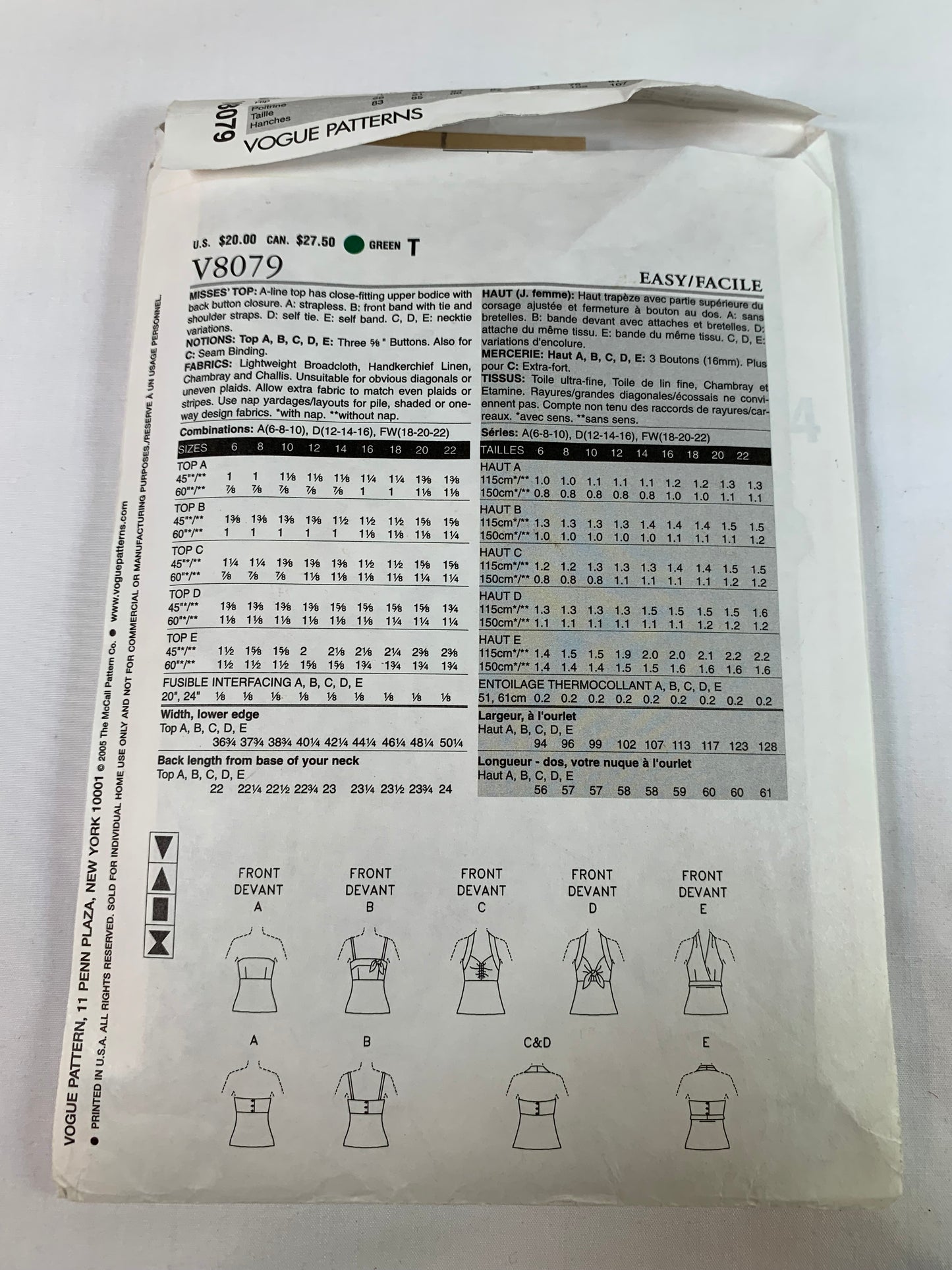 Vogue Sewing Pattern V8079 Misses' Top, Shoulder Straps, A-Line, Close-Fitting, Button Back, Strapless, Sleeveless, Size 18-22, Cut, 2005