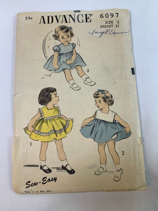 Vintage Advance Sewing Pattern 6097 Girls' Dresses, Panties, 3 Variations, Short Sleeves, Sleeveless, Flared Skirt, Collar, Size 2, Cut, Vintage 1960